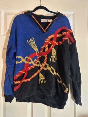 Vintage Pronto Uomo V-Neck Sweater in Blue & Black with Red & Gold Chain Motif